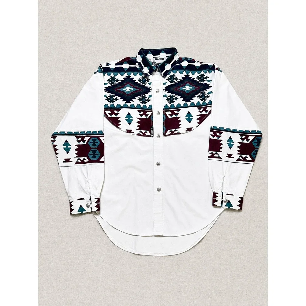 Vintage Banjo Southwestern Western Shirt Men's M White Aztec Snap Front USA Made